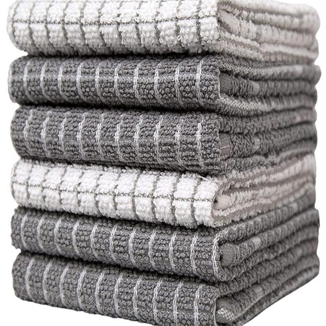 Pleasant Home Antimicrobial Kitchen Towels (18" x 24", 6 Pack) – Check Design - 320 GSM - Super Absorbent Kitchen Towels (Grey)