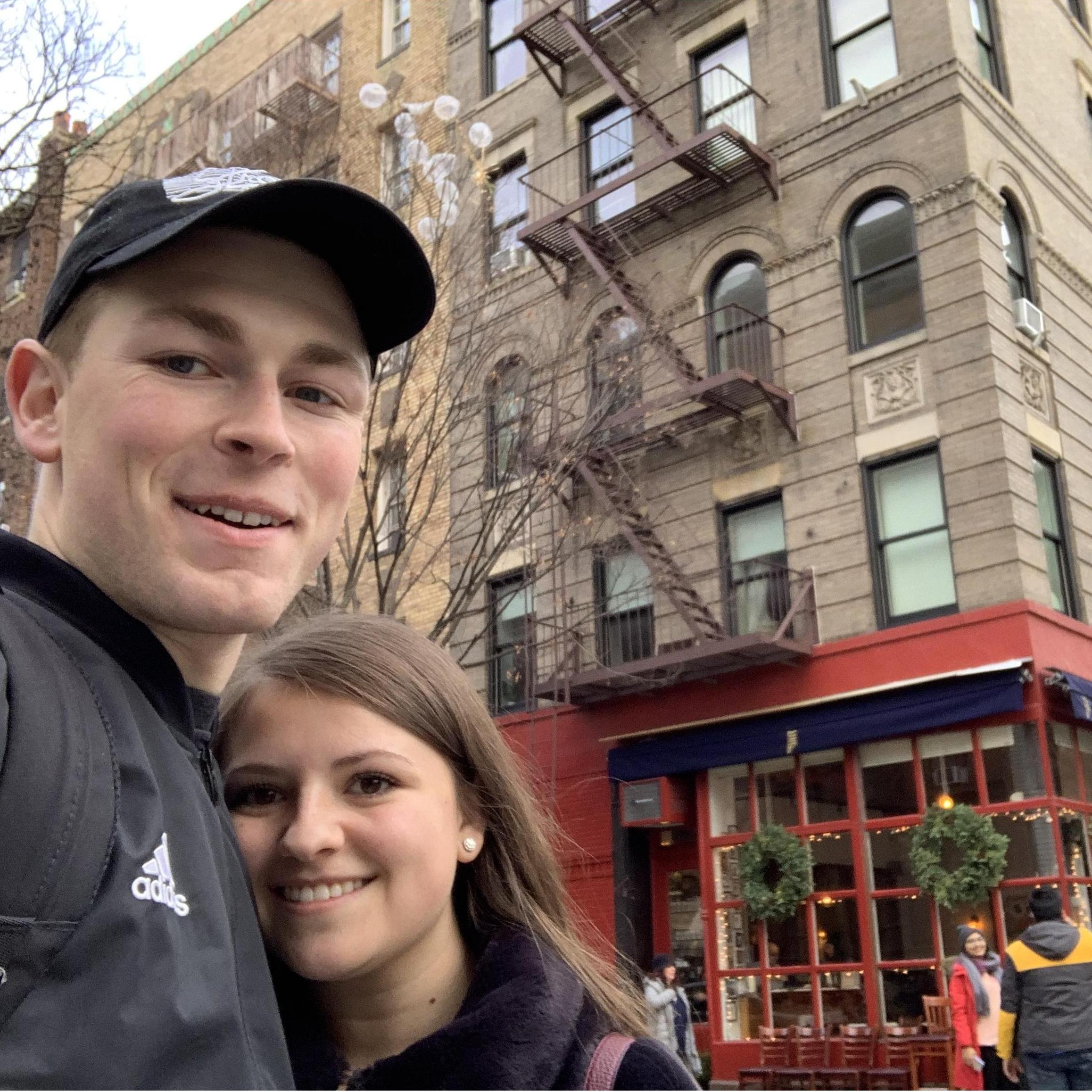 In front of the Friends TV show apartment building in New York City. January 2020
