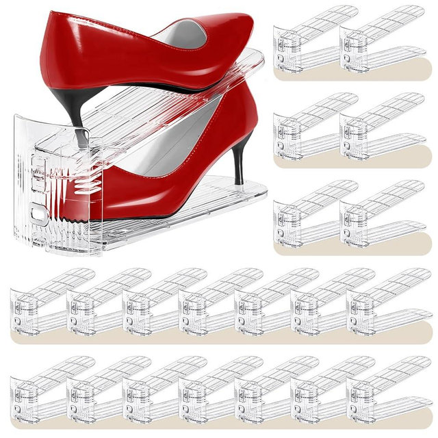 Tgzwme Shoe Slots Organizer 20 Pack - Shoe Stackers, 3 Levels Adjustable, Space Savers 50%, Double Layer Holders for Closet (Transparent), Organizador de Zapatos