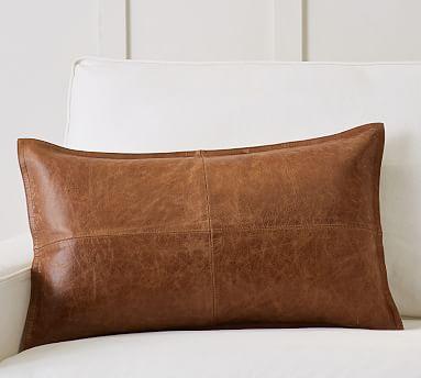 Pieced Leather Lumbar Pillow Cover, 16x26", Whiskey