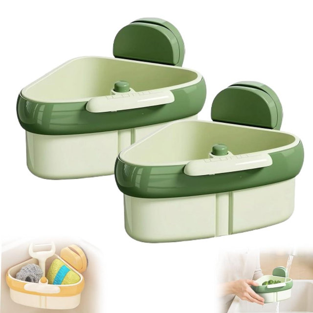 Corner Sink Strainer,2025 New Suction Cup Press Sink Strainer Basket,Automatic Dumping food Waste Catcher for Sink,Faucet Sponge Storage Rack,Corner Sink Trash Catcher for Food Waste (Green 2PCS)