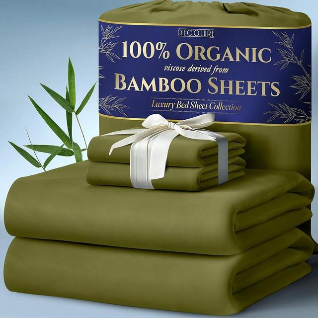 DECOLURE 100% Organic Viscose Derived from Bamboo Sheets Cal King Size 4pcs - Ultra Soft & Luxuriously Cooling,17" Deep Pocket,Double Stitching,Perfect for Hot Sleepers - King Bed Sheets (Light Olive)
