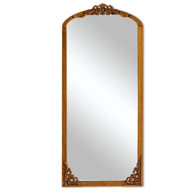 PexFix 30 in. W x 69 in. H Rustic Arched Solid Wood Framed DIY Carved Full Length Mirror in Gold