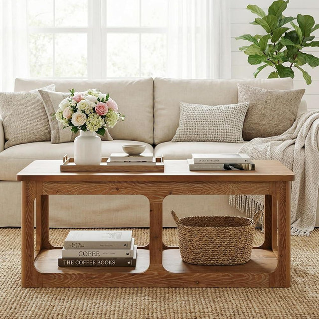 Tribesigns Rectangle Coffee Table, 47.24-Inch Solid Wood Center Table with 2-Tier Storage Shelf, Farmhouse Accent Table for Living Room, Easy Assembly