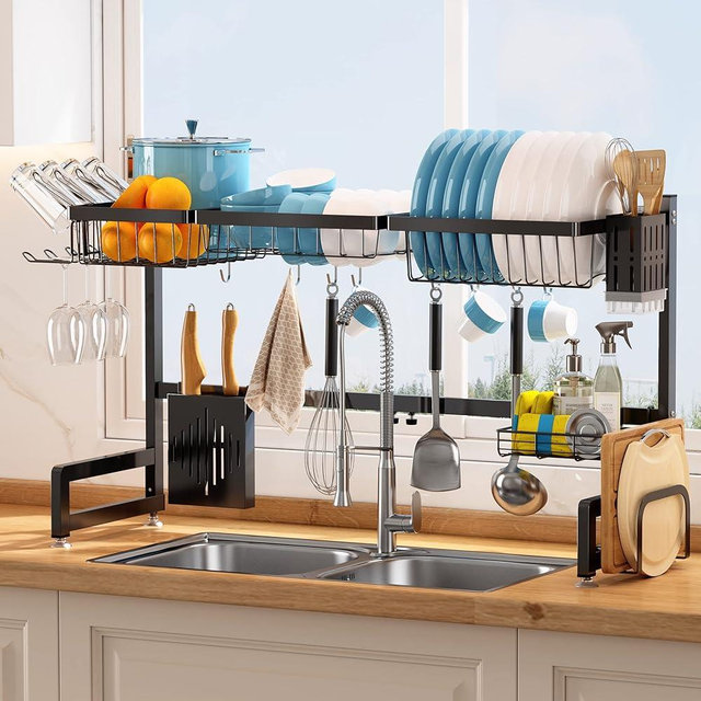 MAJALiS Dish Drying Rack Over The Sink Stainless Steel 2 Tier Dish Drainers for Kitchen Counter, Adjustable Length (33.5-36 in), Over The Shelf Kitchen Organizer, Black