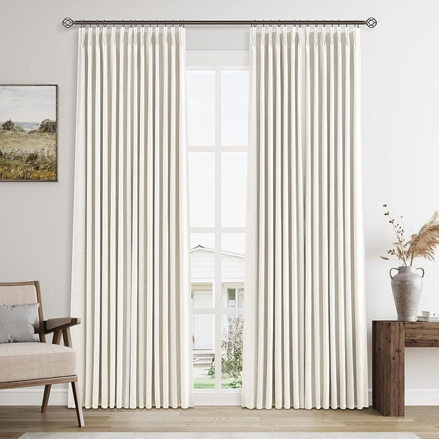 Natural Pinch Pleated Linen 100% Blackout Curtains 84 Inches Long 2 Panels for Bedroom Living Room Darkening Thermal Insulated Cream Drapes Boho Neutral Back Tab Pinch Pleat Lined Window Curtain 7Ft