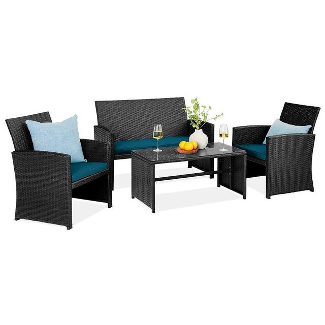 Best Choice Products 4-Piece Outdoor Wicker Patio Conversation Furniture Set for Backyard w/Coffee Table, Seat Cushions - Black/Peacock