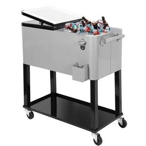 Clevr 80 Qt Outdoor Patio Home Cooler Rolling Cooler Ice Chest, Silver, with Extra Tray,Portable Patio Party Bar Cold Drink Beverage Chest, Outdoor Cooler Cart on Wheels with Shelf and Bottle Opener