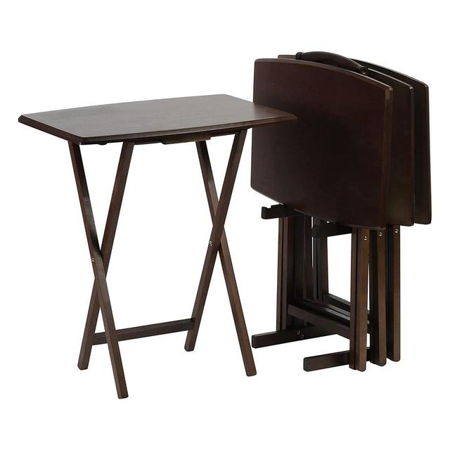 PJ Wood 19.09 x 14.57 x 26.00 Inch Folding TV Tray Tables with Compact Storage Rack, Solid Wood Construction, Walnut Brown Finish, 5 Piece Set