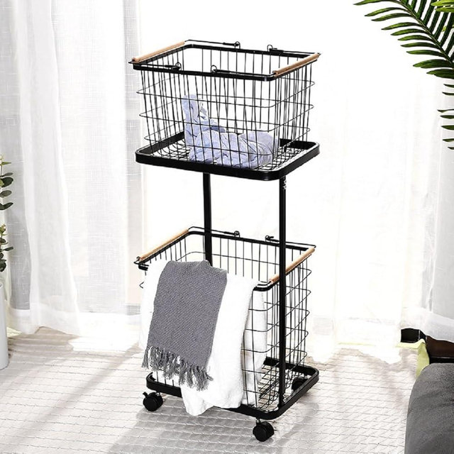 TrueyEssence Rolling Laundry Basket Cart, Metal Laundry Hamper with Wheels 2 Removable Dirty Clothes Basket Organizer for Bathroom Bedroom Laundry Room (Black, 2-tier)