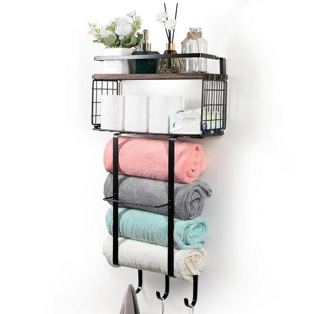 Behaesty Towel Racks for Bathroom, Wall Mounted Towel Holder for Rolled Towels with Wooden Shelf & 3 Hooks, Bathroom Towel Storage for Large Towels, Small Towels, Hand Towels, Bath Organizer Decor