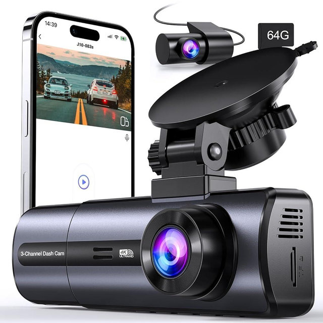 3 Channel 4K WiFi Dash Cam, 4K/2.5K+1080P+1080P Front Inside and Rear, Triple Dash Camera with 64GB Card, APP Control, G-Sensor, 24 Hours Parking Mode, Loop Recording, Night Vision