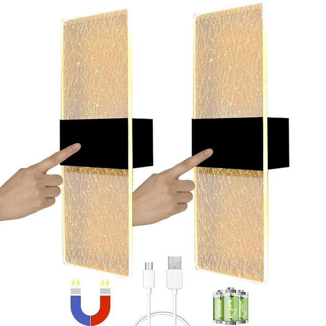 BoBoPai Battery Operated Wall Sconces, Cordless USB Rechargeable Wall Lamp, Modern Indoor LED Touch Control with Switch, 2 Modes, Brightness Adjustable 3000K Warm Light, Black, 2 Pack