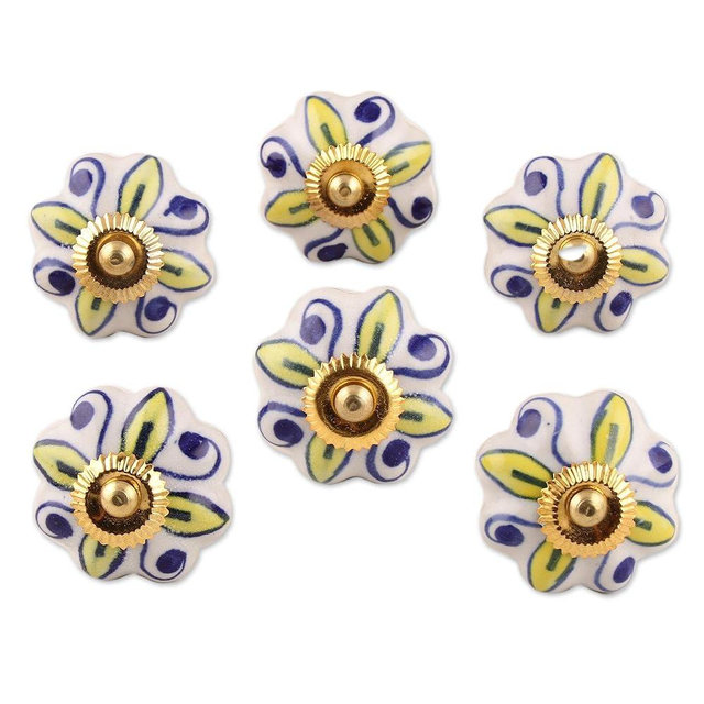NOVICA Artisan Handmade Ceramic Cabinet Knobs Floral Yellow White Set of 6 India Metal Decor Accessories Decorative Hardware Painted Garden Party Bohemian [ 3.1in H x 2in W x 1.2in D Screw Length 1.6]