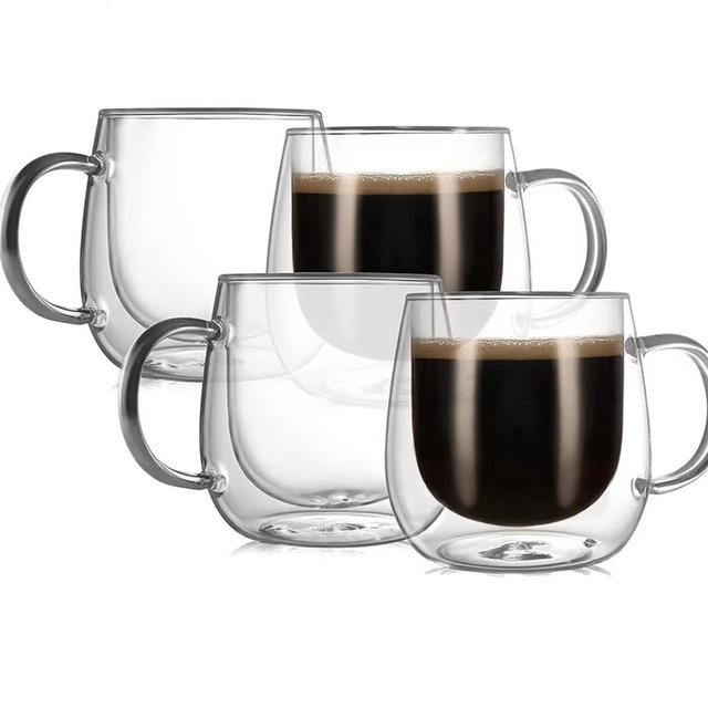 CNGLASS 12oz Double Walled Glass Coffee Mugs(4-pack),Large Clear Coffee Cups with Handle,Glass Espresso Mugs for Latte,Cappuccino,Tea