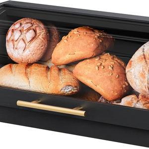 Trironsun Roll Top Bread Box for Kitchen Counter Bamboo Bread Storage Container with Acrylic Door Space-Saving Bread Keeper with Lid for Homemade Bread (Black, 1 Layer)