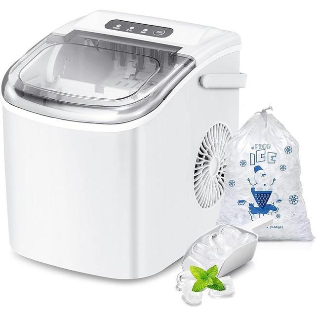 Countertop Ice Maker, Portable Ice Maker Machine with Handle, 9 Bullet-Shaped Ice Cubes Ready in 6 Mins, 26Lbs/24H, Self-Cleaning Function with Ice Scoop and Basket for Home/Kitchen/Party (White)