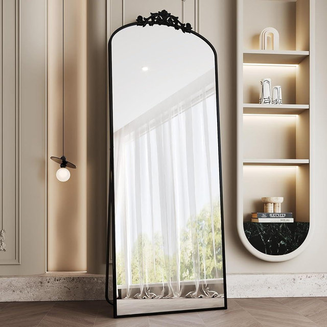 AUYHM Floor Length Mirror,Black Full Length Mirror,71x28 Arch Mirrors Full Length,Vintage Ornate Baroque Mirrors,Hanging or Leaning for Wall,Black Framed