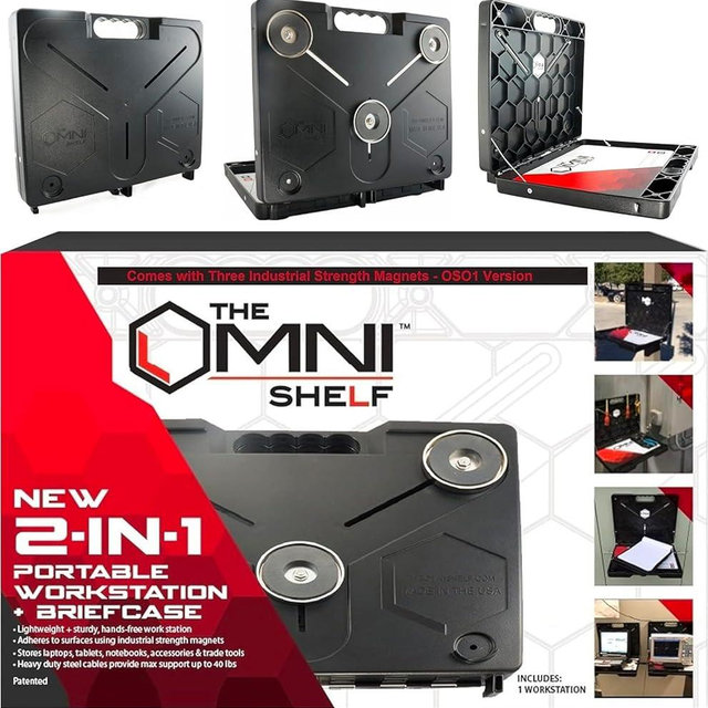 The OmniShelf Portable Workstation, Magnetic Toolbox, Laptop Stand w/ 50 lb Capacity, Hands Free Workstation, Attach to HVAC, Trucks, Walls, Poles etc. (Model # OSO1 - Magnets)