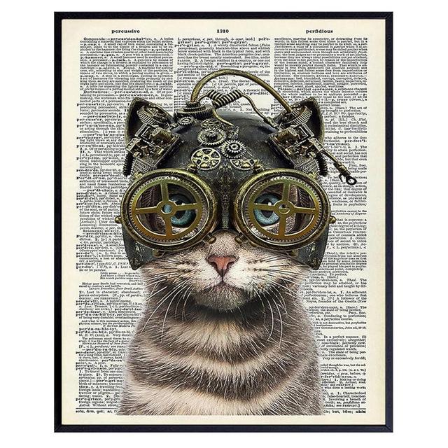 Steampunk Cat in Goggles, Gears - Gothic Wall Art Home Decor - Cat Wall Art - Gift for Kitty Kitten Pussycat Victorian Renaissance Fan - Home Decoration Poster Picture - Bedroom, Bathroom, Living Room