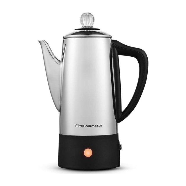Elite Gourmet EC140 Electric 6-Cup Coffee Percolator with Keep Warm, Clear Brew Progress Knob Cool-Touch Handle Cord-less Serve, Stainless Steel