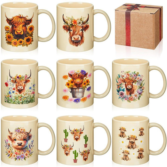 Maxdot 8 Pieces 12 oz Highland Cow Coffee Mugs Gifts Set with Handle Ceramic Matching Western Flowers Cups Bulk for Women Farm Employees Home Office Table Centerpieces Holiday Party