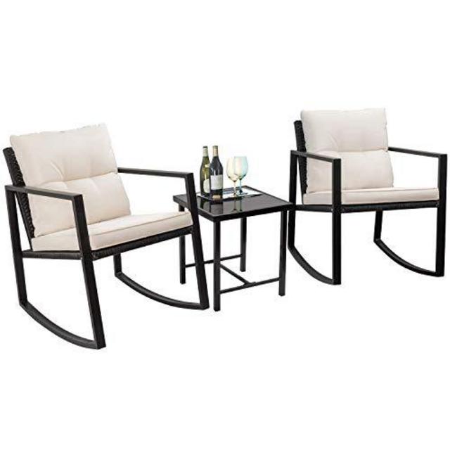 Flamaker 3 Pieces Patio Furniture Set Rocking Wicker Bistro Sets Modern Outdoor Rocking Chair Furniture Sets Cushioned PE Rattan Chairs Conversation Sets with Coffee Table (Black)