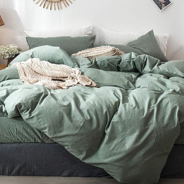 MooMee Solid Bedding Duvet Cover Set (1 Comforter Cover + 2 Pillow Shams) 100% Washed Cotton Linen Like Textured Breathable Durable Soft Comfy (Green, Queen)