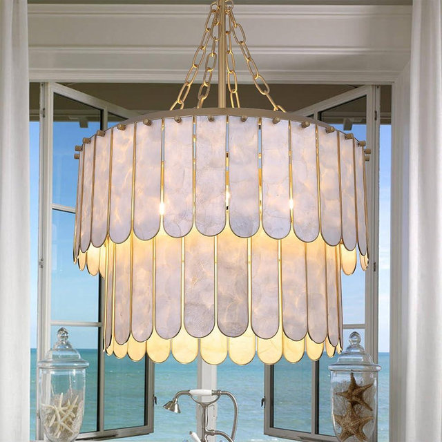 TOCHIC Shell Chandelier Light Fixture, 5-Light Capiz Chandelier Coastal Gold Bathroom Chandeliers Over Tub, Modern Seashell Round Hanging Pendant Lighting for Dining Room Living Room Bedroom Hallway