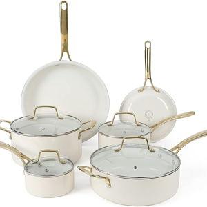 Martha Stewart Lockton Premium Nonstick PFA Free Ceramic Interior 10 Piece Heavy Gauge Enamel Aluminum Pots and Pans Cookware Set - Linen White w/Gold Handle