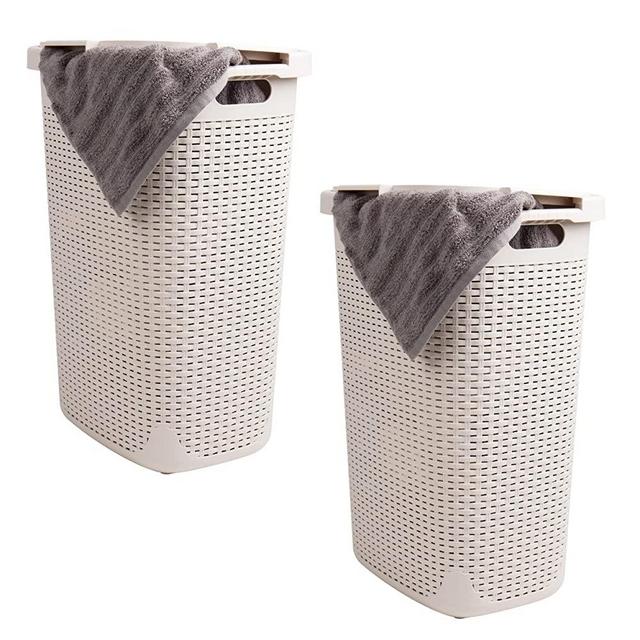 Mind Reader Basket Collection, Slim Laundry Hamper, 60 Liter (15g/33lbs) Capacity, Cut Out Handles, Attached Hinged Lid, Ventilated, Set of 2, Ivory