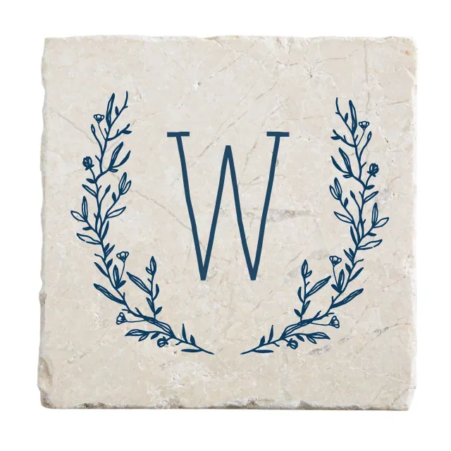 Personalization Mall Farmhouse Floral Personalized Letter Tumbled Stone Coaster Set, W