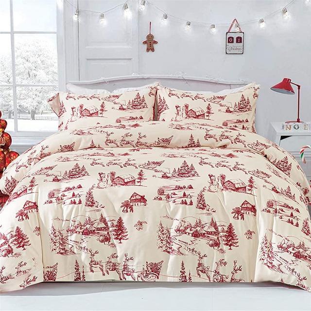 Red Christmas Duvet Cover Set with 2 Pillowcases,Christmas Deer Snowman Village Duvet Cover with Zipper Closure,100% Microfiber Bedding Set Queen 90”×90”