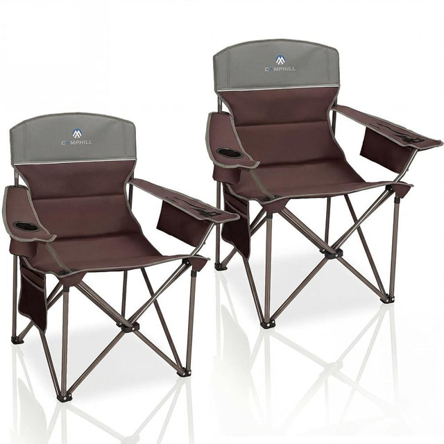 CAMPHILL Oversized Camping Chairs 2 Pack - Heavy Duty 400LBS Padded Lawn Chair with Cooler Bag,Cup Holder,Side Pocket,Collapsible for Outdoor,Camp,Fishing & Garden,Maroon