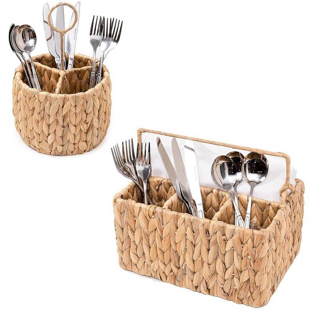 KOLWOVEN Rectangle Utensil caddy carrier & Round Flatware Organizer Bundle