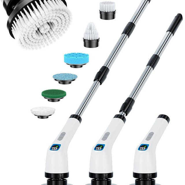 Electric Spin Scrubber, IPX7 Shower Scrubber 7 Replaceable Brush Heads-90Mins Work Time, 2-Speed Adjustable Bathroom Scrubber 3-Height Adjustable Handle Cordless Tub Scrubber for Bathtub Kitchen Glass
