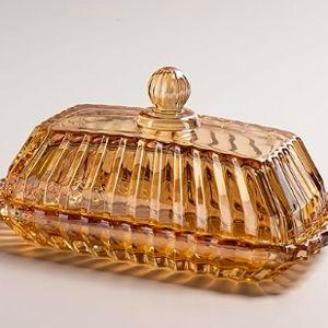 Champagne Color Glass Butter Dish with Lid, Covered Butter Stick Holder Tray, Crystal Glass Butter Storage Container for Kitchen Countertop