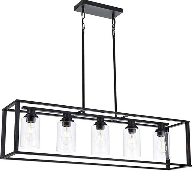 LUBURS Kitchen Island Lighting - 5 Lights Chandelier,Black Pendant Lighting with Metal Adjustable Rods&Clear Glass Shade, Vintage Pendant Ceiling Lamp for Dining Room Kitchen Living Room Farmhouse