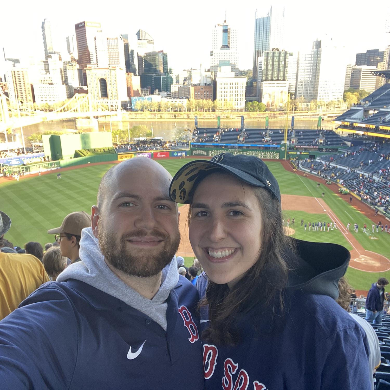 red sox vs. pirates (courtney surrendered and wore red sox apparel because she doesn't care about baseball)