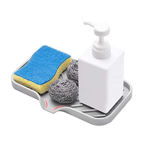 SUBEKYU Silicone Kitchen Soap Tray, Sink Tray for Kitchen Counter/Soap Bottles, Sponge Holder and Organizer with Drain spout, Grey, [SIZE: 9.5 x 5 inch]