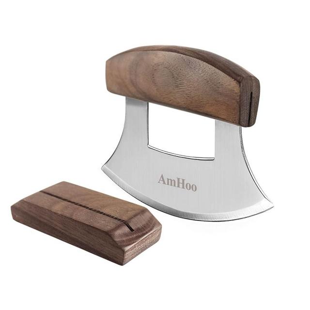 Amhoo Pizza Cutter Chef Mezzaluna Ulu Knife Handle Walnut Wood Grip Sharp Rocker Slicer Stainless Steel Blade Salad Onion Vegetable Chopper with Holder Base Christmas Gifts