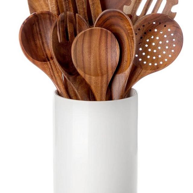 Nucookery Wooden Cooking Utensils Set with Holder, Teak Wood Kitchen Utensils Set, Ceramic Utensils Holder for Countertop, Nonstick Wooden Spoons for Cooking Spatula Set 10 Pcs, Natural Kitchen Decor