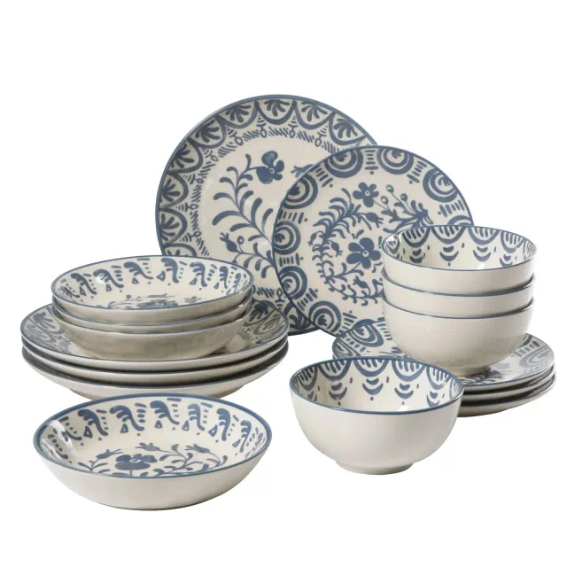 Bloomhouse – 2-Time Oprah’s Favorite Things – 16 Piece Dinnerware Set, Valencia Flor Stoneware Plates & Bowls Set, Service for 4 - Iris Blue