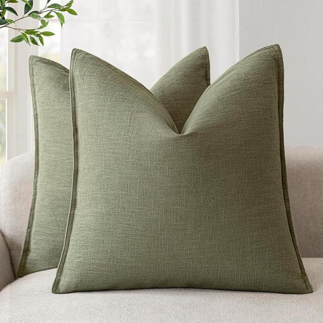 Foindtower Pack of 2, Decorative Linen Soild Throw Pillow Covers Soft Accent Cushion Case Farmhouse Neutral Pillowcase for Chair Couch Sofa Bedroom Living Room Home Decor 26x26 Inch Olive Branch Green