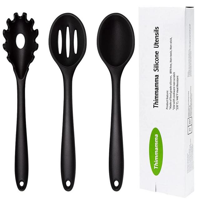 Silicone Cooking Spoons, Heat Resistant Large Silicone Pasta Slotted Spoon Solid Basting Spoon set for Nonstick Cookware, BPA Free Black Kitchen Silicone Spoons set for Mixing, Serving, Draining