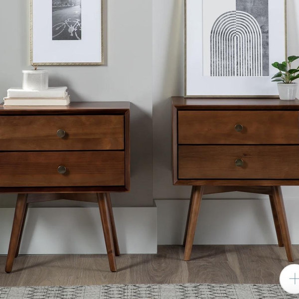 Mid-Century Solid Wood Nightstand Collection 2 Drawer 2 pack Walnut