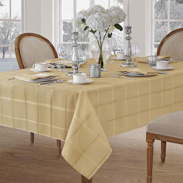 Newbridge 60 x 120 Inch Rectangle Fabric Tablecloth, Elegance Plaid, 100% Polyester, No Iron Soil Resistant Dining Room, Party and Banquet Table Cover, Solid Textured, Ribbon Gold