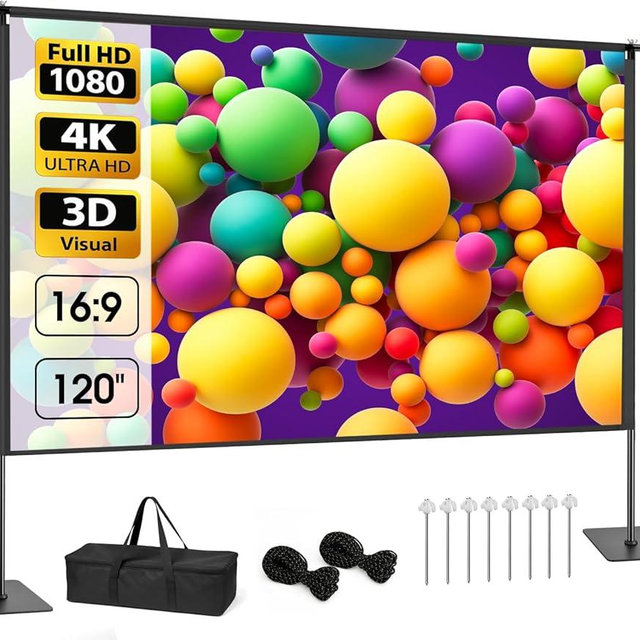 Outdoor Projector Screen with Stand, 120 inch Portable Projection kit 16:9 4K HD Wrinkle-Free Indoor Outdoor Movie Screen with Carry Bag for Home Theater and Backyard Movie Night