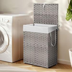 Woven Laundry Basket with Lid, 90L Large Capacity Hamper, Removable & Machine-Washable Liner, Foldable Rattan Clothes Hamper, Sturdy Steel Frame, Odor Control, Dove Gray