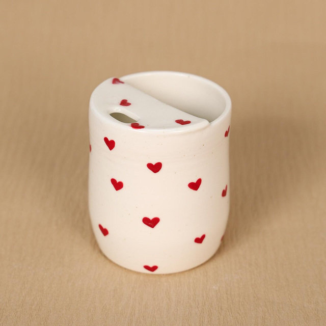 Red Hearts Ceramic Travel Mug Handmade Travel Tumblr Minimalist to-go Cup Handpainted takeaway Pottery Coffee Mug Custom Unique Gift Mug